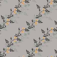 Pattern of wildflower tea collection, caramel brown flower blossoms on black stylized twigs wrapped diagonally on neutral gray background. Twigs and silhouettes trailing pattern.
