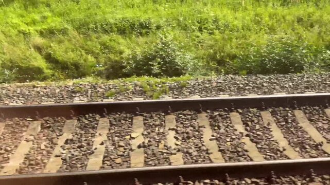 train tracks passing through green landscape