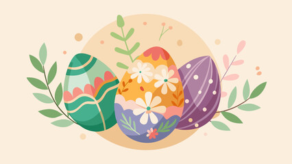 Three decorated easter eggs with floral and geometric patterns surrounded by green leafy foliage