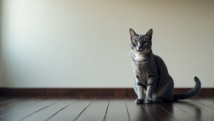 A cute grey tabby cat sitting on a wooden floor indoors.