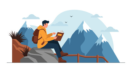 Fototapeta premium Man Reading A Book On Top Of The Mountain During Hiking Adventure