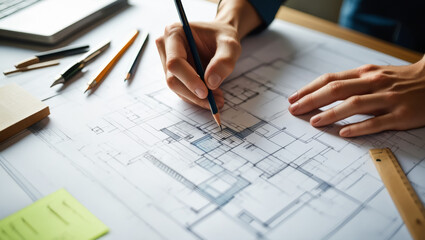 Person is drawing a house on a piece of paper