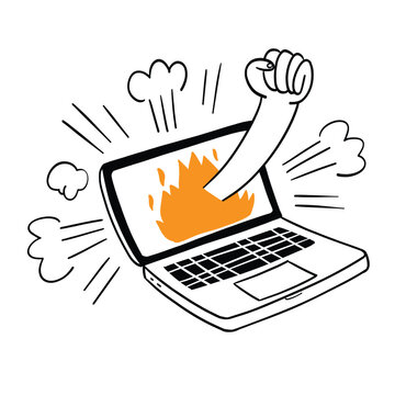 A hand-drawn illustration of a fist smashing through a flaming laptop