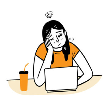 Exhausted or burnt-out woman sitting at her desk with a laptop, a hand-drawn vector illustration of work stress and fatigue.