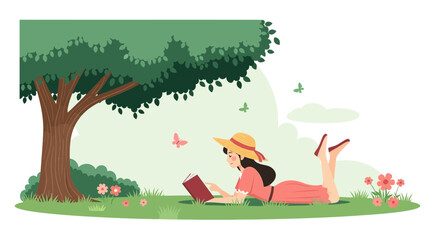 Girl Reading Book Under Tree In Summer Season With Butterflies Around Her Scene