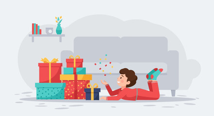 Naklejka premium Joyful Celebration Youngster Lying Amidst Stacked Gifts Casting Confetti Indoor Scene