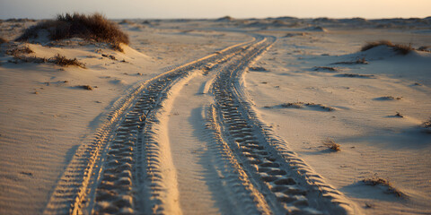 Tire marks on sandy terrain showcase a car track impression, highlighting the interaction between a vehicle and the soft sand on a beach. The tire car track stands out uniquely against the landscape.