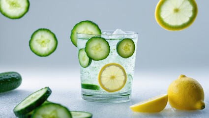 Slices of cucumber and lemon in a glass of water with floating slices, with additional slices and whole lemon around it. Refreshing healthy drink concept.