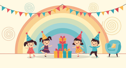 Obraz premium Joyful Children Celebrating a Colorful Birthday Party With Rainbow Decoration