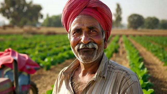 Indian man with a red turban smiling in a green field during agricultural farming. Concept of rural life and harvest footage.