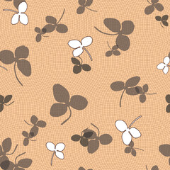Pattern of wildflower tea collection, caramel brown irregular plaid gingham, skatered of white, brown, gray transparent clover leaves.