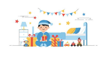 Obraz premium Excited Little Boy Receives Many Presents In His Room On Christmas Eve