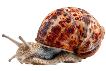 Close-up studio shot of a garden snail isolated on black, showing its shell