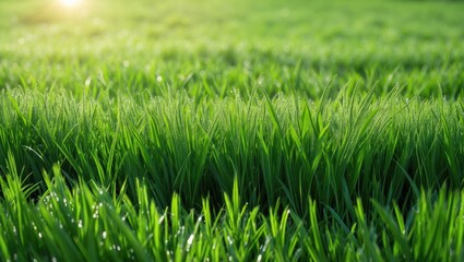 Obraz premium Lush green grass field during daytime with sunlight and dew drops. Nature, outdoor, scenery. The freshness and vibrancy of the landscape.