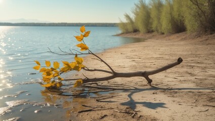 Fallen branch with yellow leaves on sandy shore by water, natural landscape scene.