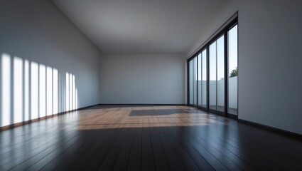 Fototapeta premium Empty room with large windows, sunlight casting shadows, minimalistic interior, modern design, and wooden flooring.