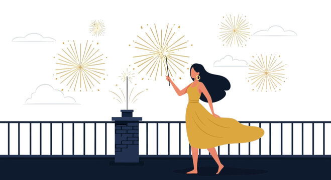 Golden Sparkles Celebration: Woman Enjoying Fireworks On The Balcony At Night