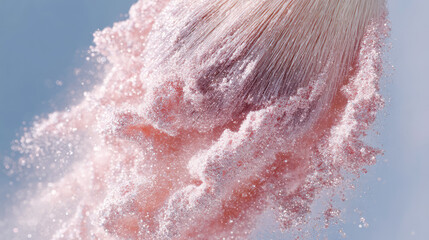 Close up cosmetic pink powder on makeup brush floats lightly on pastel background. Powder explosion effect