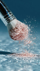 Close-up of a cosmetic makeup brush with pink glitter powder with shimmer and glitter floating and flying in different directions. Powder explosion effect.