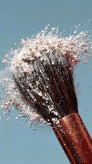 Close-up of a cosmetic brush with dark bristles with powder. Concept for makeup artists and cosmetic brands