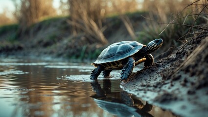 Fototapeta premium A turtle crossing the riverbank by the water's edge in a natural setting.