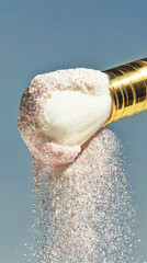 Close-up of a cosmetic brush with white bristles and a gold handle with powder and small sparkling beads falling down. Futuristic, advertising style. Concept for makeup artists and cosmetic brands