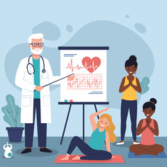 Healthcare professional teaching women about heart health, exercise, and wellness. Healthy lifestyle and medical advice concept.