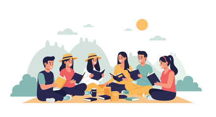 Group Of Friends Enjoying Reading Books Outdoors During A Sunny Day