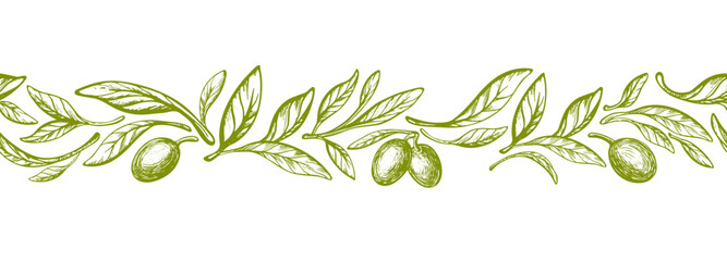 Olive seamless pattern. Vector border. Green fruit