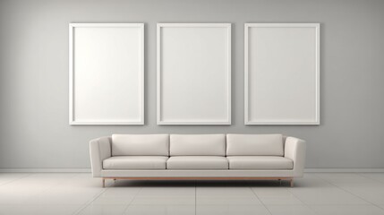 Modern minimalist interior with empty frames and a couch