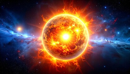 Obraz premium A glowing sun surrounded by a fiery nebula in deep space, creating a dramatic and powerful cosmic image