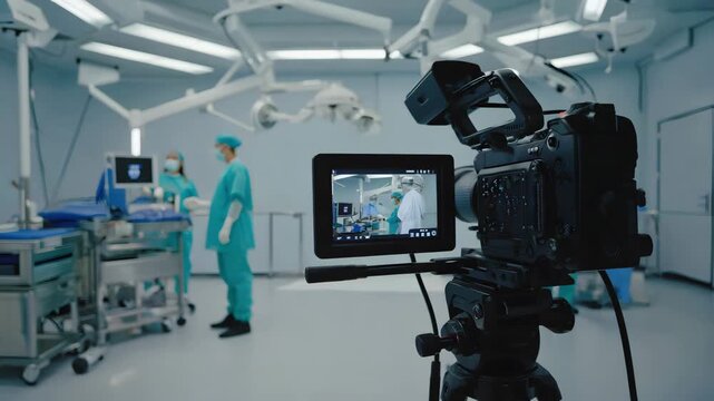 Behind the scenes filming medical surgery operation in hospital operating room with camera crew shot. Medical team in surgery room. Doctors use modern video camera