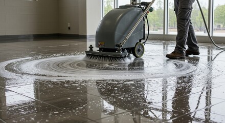 Floor cleaning machine scrubbing tiled surface maintenance