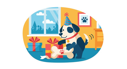 Fototapeta premium Joyful Pup Celebrates Birthday With Presents And Bone Indoors Holiday Scene