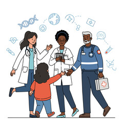 Diverse healthcare team with child, surrounded by medical icons, symbolizing community health, support, and professional care.