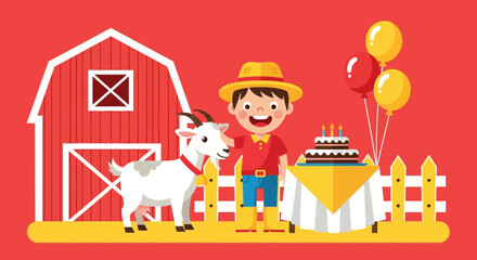 Naklejka premium Farmer's Birthday Celebration With His Pet Goat In Farm Environment Illustration