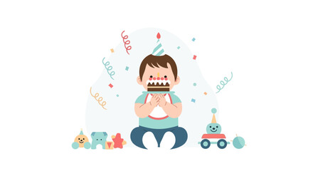 Fototapeta premium Joyful Toddler Celebrates First Birthday With Cake And Colorful Decorations Illustration