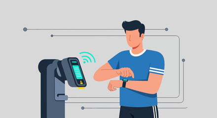 Man Using Smartwatch For Contactless Payment At Automated Retail Kiosk System