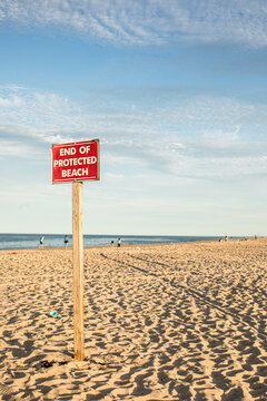 Ocean beach in summer with beach sign
