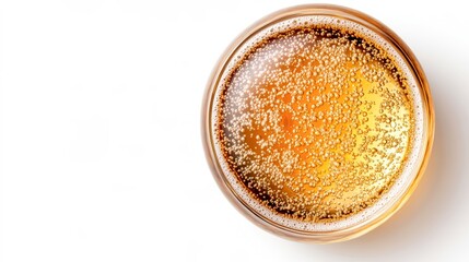 A close-up view of a frothy, bubbly glass of beer set against a bright white background, ideal for advertising or menus showcasing beverages, celebratory themes, or summer gatherings,