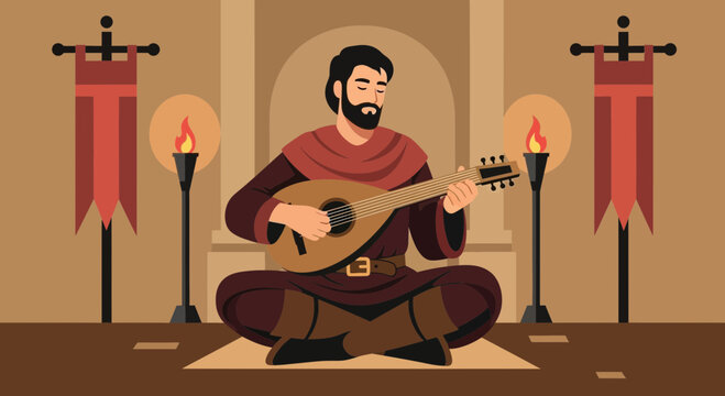 medieval musician playing lute, brown setting clip art preview