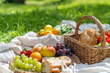Picnic basket with fresh fruits and bread on white blanket in backyard garden, lush green grass, cozy home picnic vibe.
