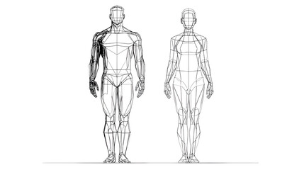 Man and woman outline figure, human body silhouette, patient front view contour. Isolated vector monochrome male and female person standing full height. Expressive lines form harmonious representation