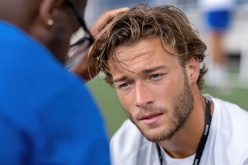 A young athlete is engaged in an intense conversation, showcasing determination and concentration while on a sports field, highlighting the essence of teamwork and communication.