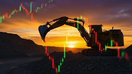 Silhouette of an excavator in a quarry against a sunset overlaid with financial candlestick charts - Powered by Adobe