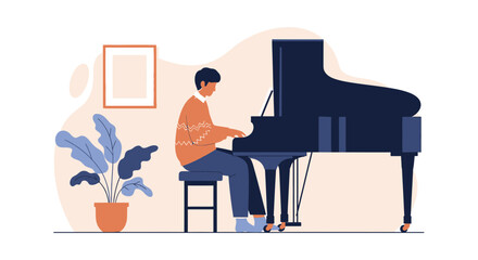 Melodic Moment Young Man Playing Piano Indoors Stylish and Minimalist Composition