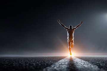 Athlete crossing finish line with arms raised in victory, celebrating achievement and success
