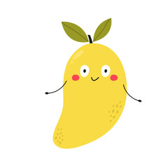 Cute Mango with Face and Hands. Funny Fruit Cartoon Character. Vector Illustration