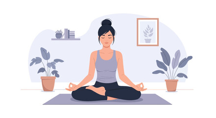 Obraz premium Mindful Meditation Woman Practicing Yoga In Lotus Position At Home Interior