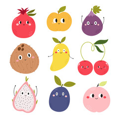 Cute Fruits Clipart. Funny Cartoon Fruits Characters with Faces. Vector Illustrations